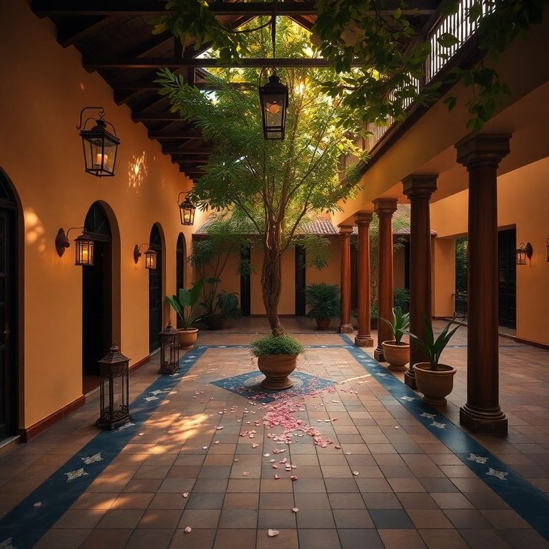 Colonial-era hotel courtyard with sand-olive flagstones, frangipani petals, and copper lanterns under dappled afternoon light