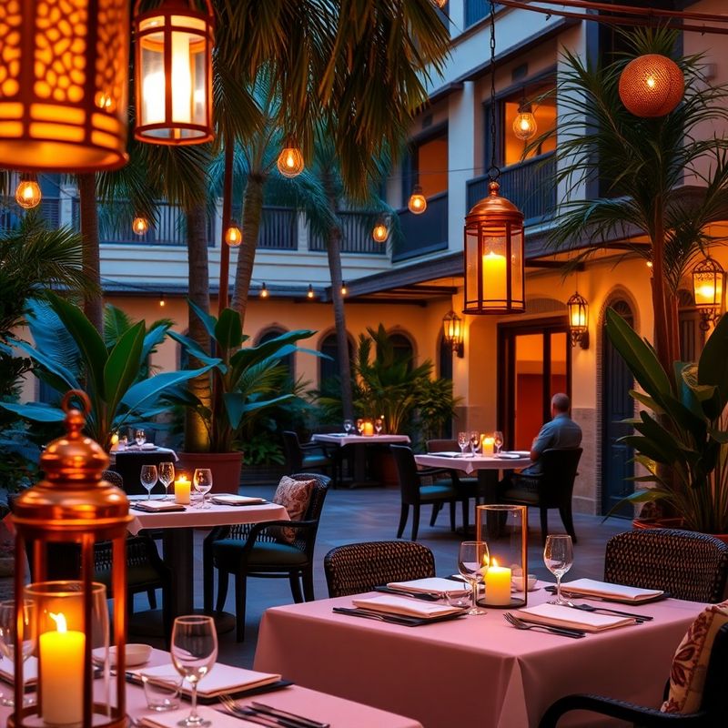 Courtyard dining lit by copper lanterns and beeswax candles in the evening