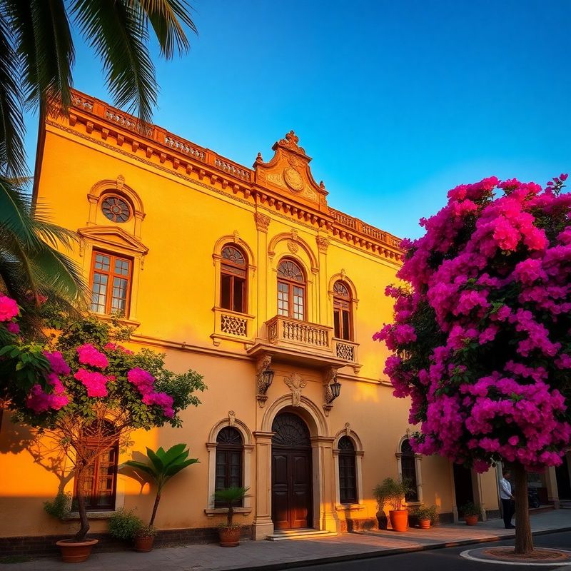 Restored 18th-century laterite-stone facade of Atelier Studio at golden hour in Fort Kochi
