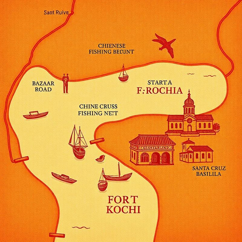 Hand-drawn map of Fort Kochi heritage precinct showing Bazaar Road, Chinese Fishing Nets, and Santa Cruz Basilica