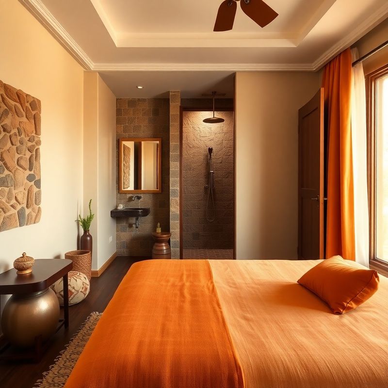 Muscat Room interior with laterite stone wall, ochre linen, and copper rain shower