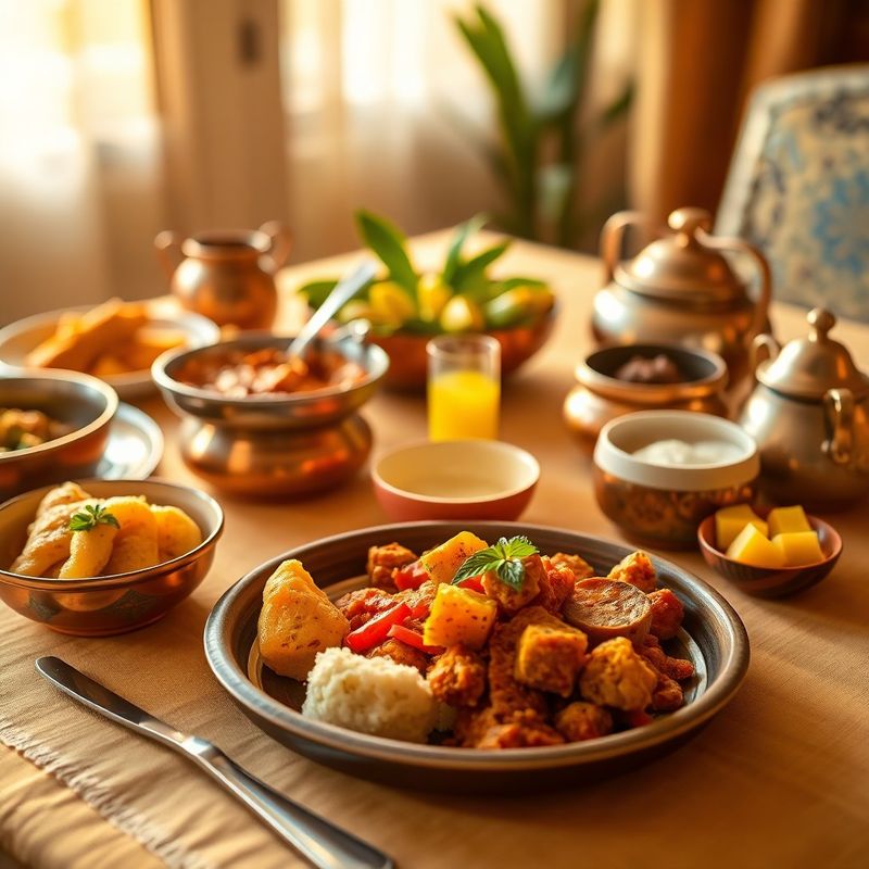 Malabar-spiced breakfast spread in terracotta and copper serving ware on sand-olive linen